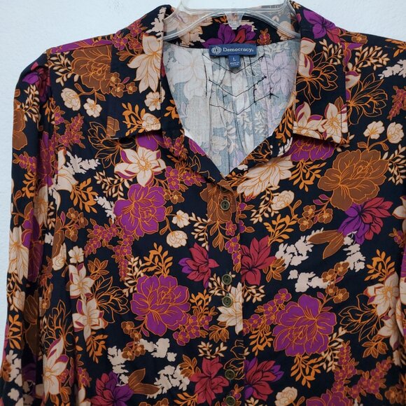 Democracy Dark Floral Print Classic Button Front Preppy Women's Top Size Large - Picture 5 of 16
